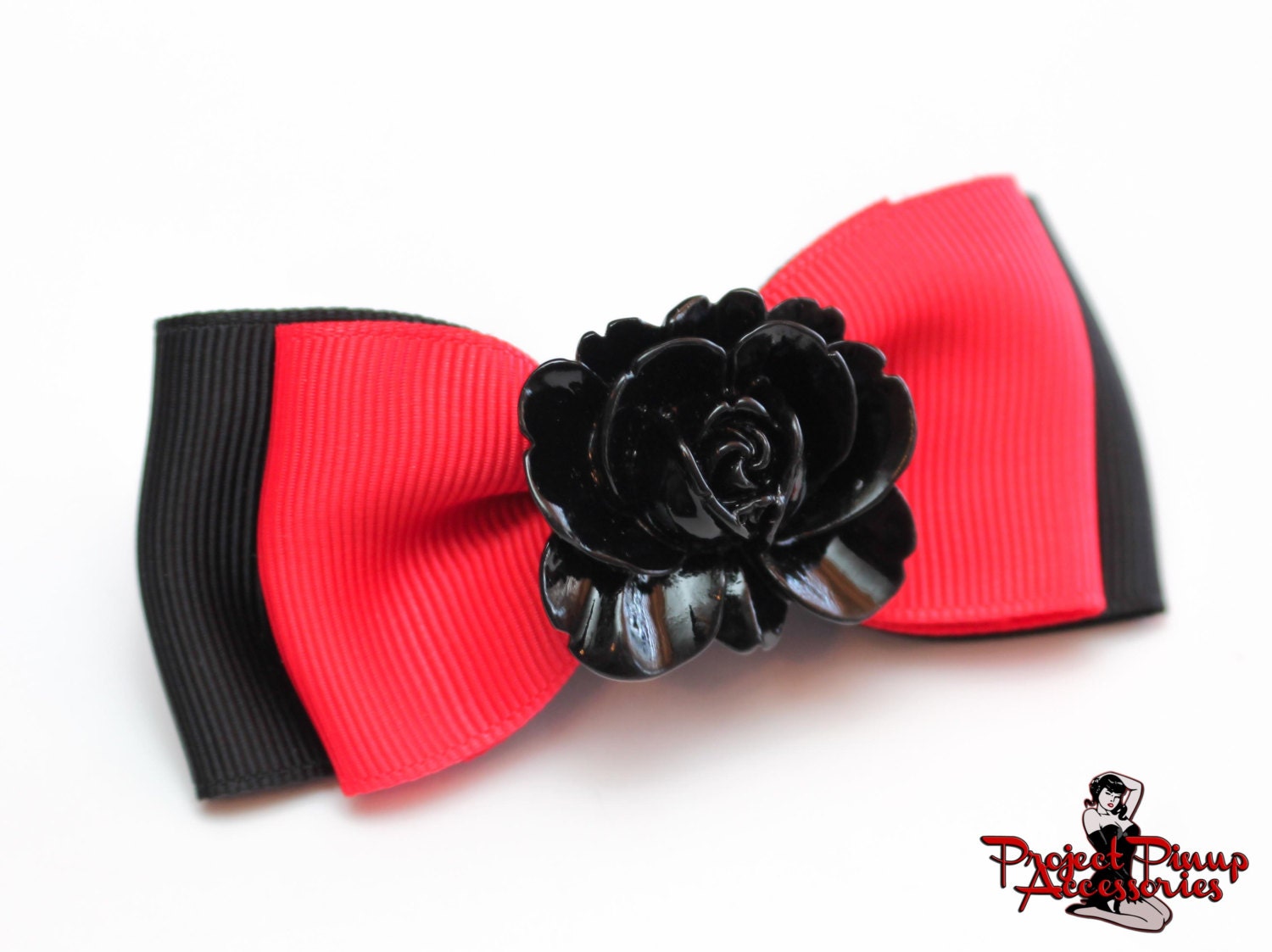 Black Red Double Bow with Black Peony Hair Clip