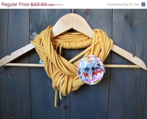 SPRING CLEARANCE Soft Sunny Yellow Cotton Jersey Infinity Scarf with Patterned Floral Brooch