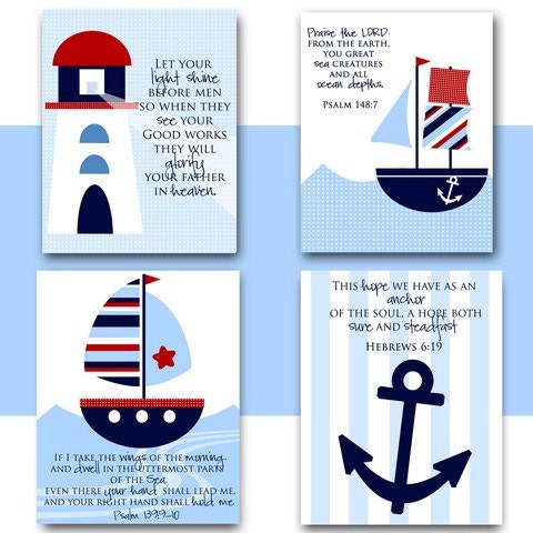 Nursery wall art NAUTICAL theme Boat Lighthouse Anchor with Bible Verses Instant download Kids room