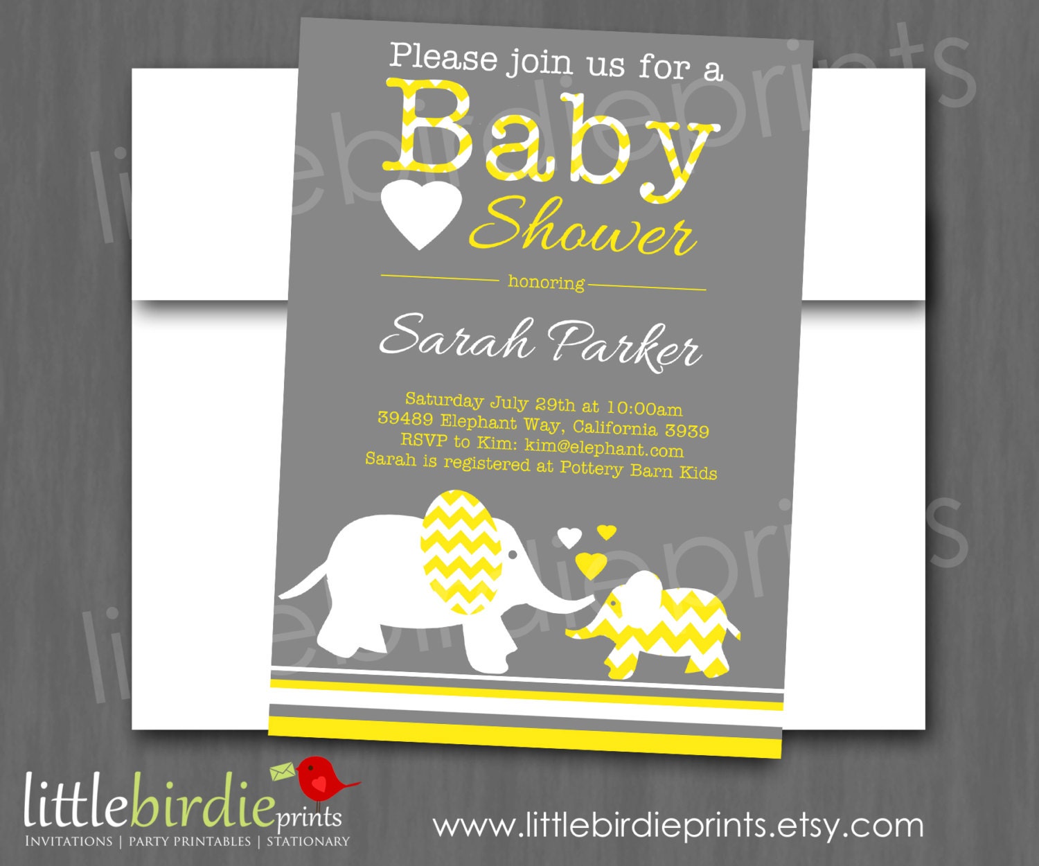 ELEPHANT BABY SHOWER Invitation - Yellow Grey Baby Shower - Chevron - Gender nuetral - Printable Invitation