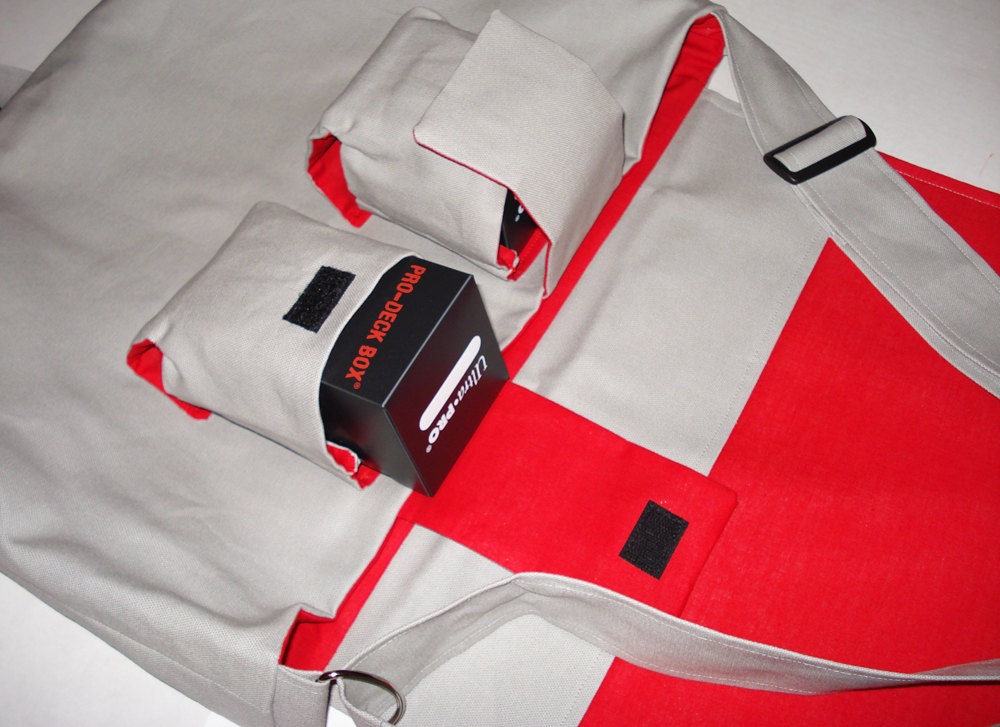 LARGE Messenger Bag with 2 Deck Pockets for Larger Pro Style Deck Boxes for MTG or other TCGs Deck Storage Light Grey and Red Fabric