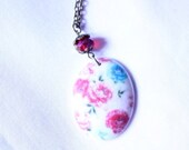 Mawar - Wedding Jewelry, Bridesmaids Jewelry - Vintage Inspired Resin Printed Rose Long Necklace with Antique Brass Chain Clearance Sale