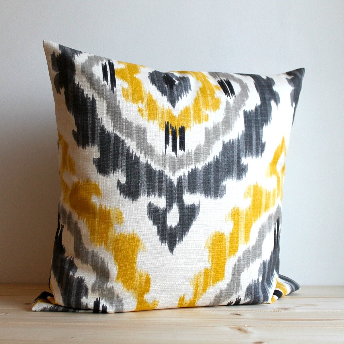 Yellow and Grey Ikat Pillow Cover - 16 x 16 Ikat Cushion - Ikat Tribal Sunshine
