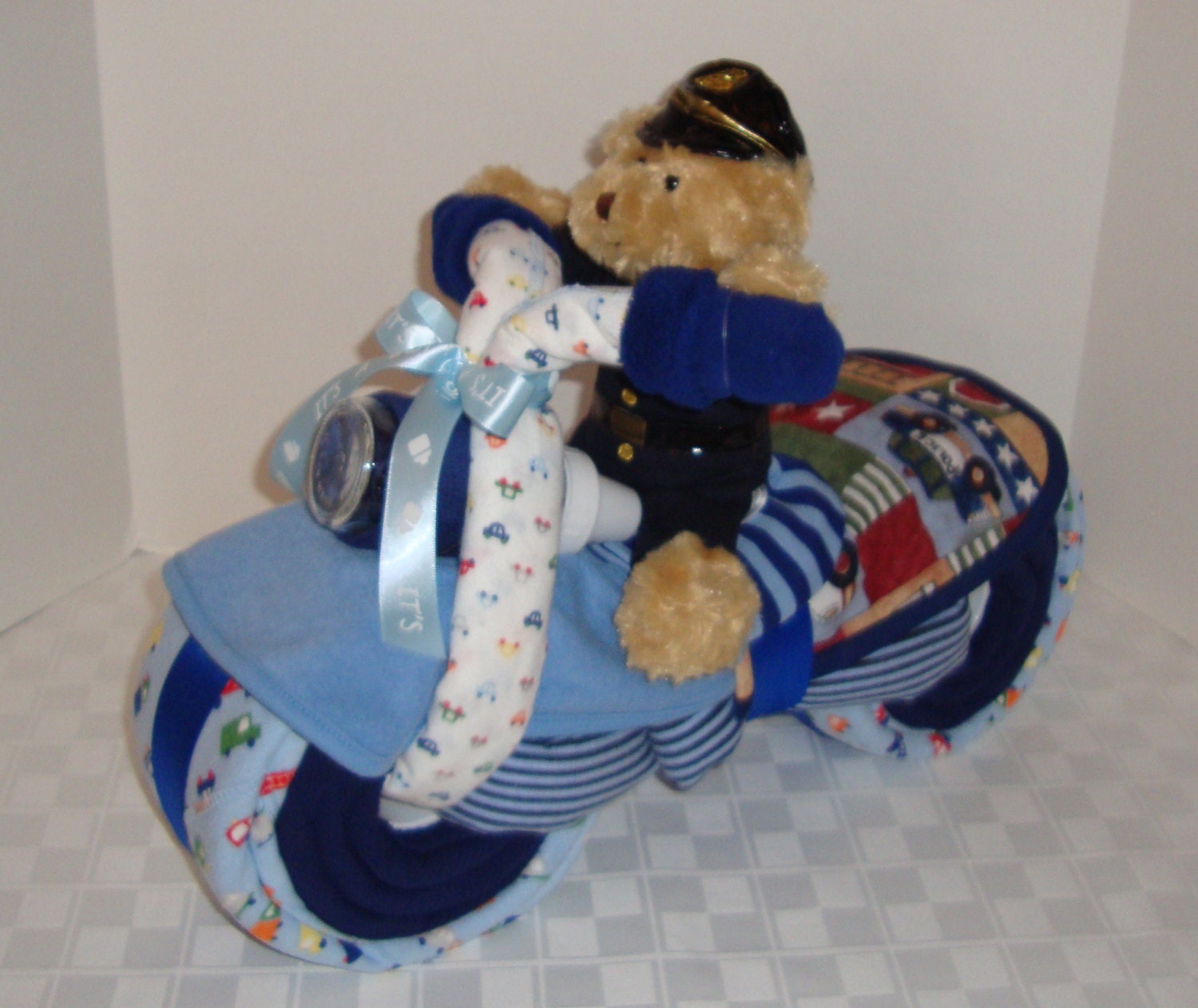 Motorcycle Diaper Cake, Police, Policeman, Police Officer, Law Enforcement, Baby Shower Gift, Centerpiece, Baby Cake