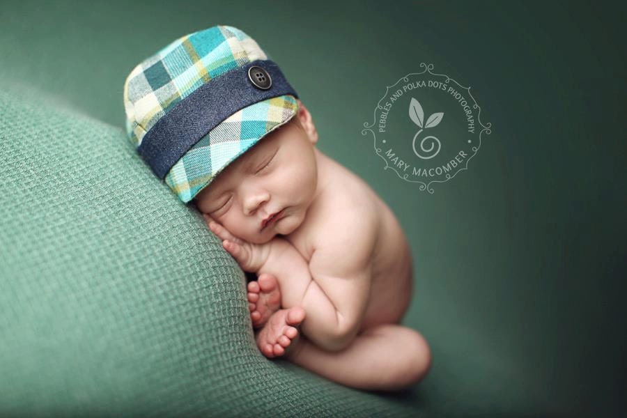 Newborn BOY HAT with button (Wes) - photography prop - denim, green, tan, turquoise, aqua, plaid