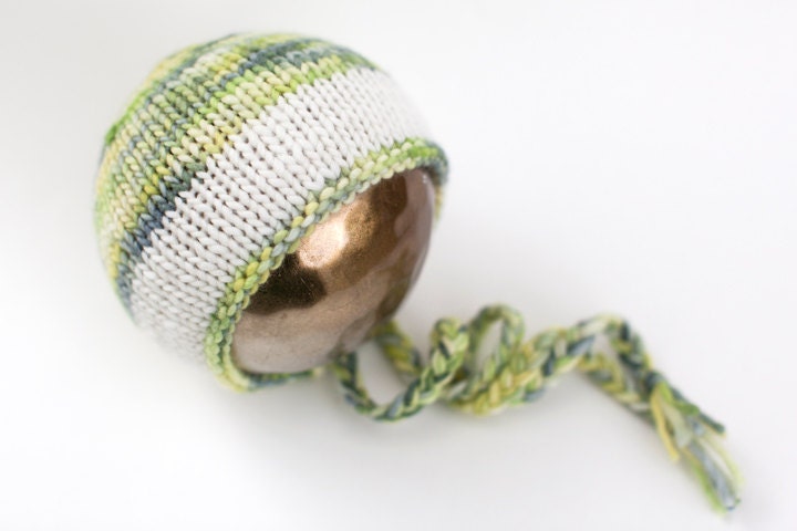 newborn knitted bonnet - photography prop - ivory, cream, yellow, lime, chartreuse, gray