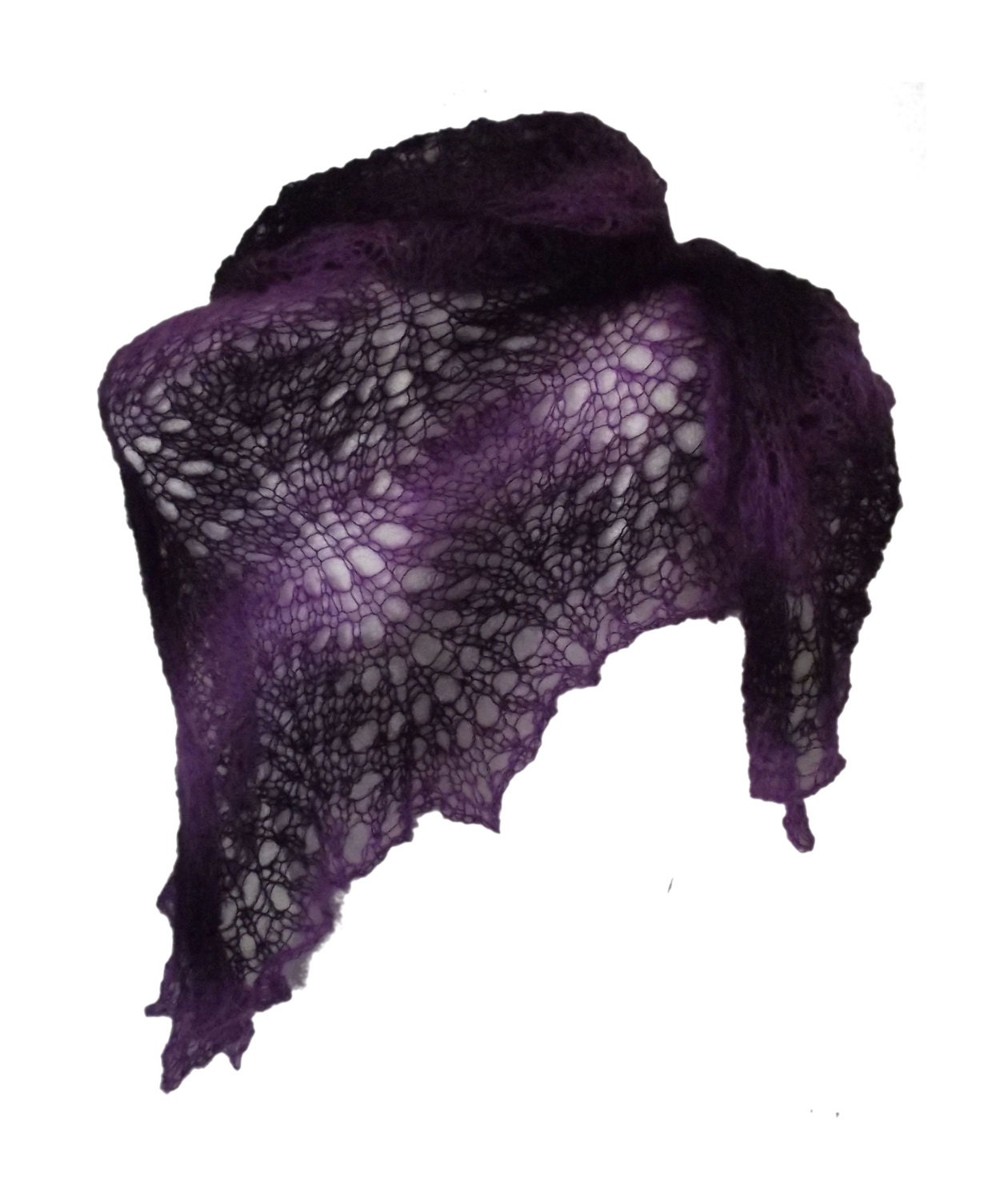 Hand knitted purple plum violet lacy triangle shawl Summer Midnight - MyLaceSpace