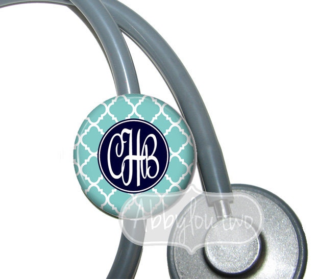 Stethoscope ID Tag  Name Badge Personalized with Your Name Quartrefoil teal Navy