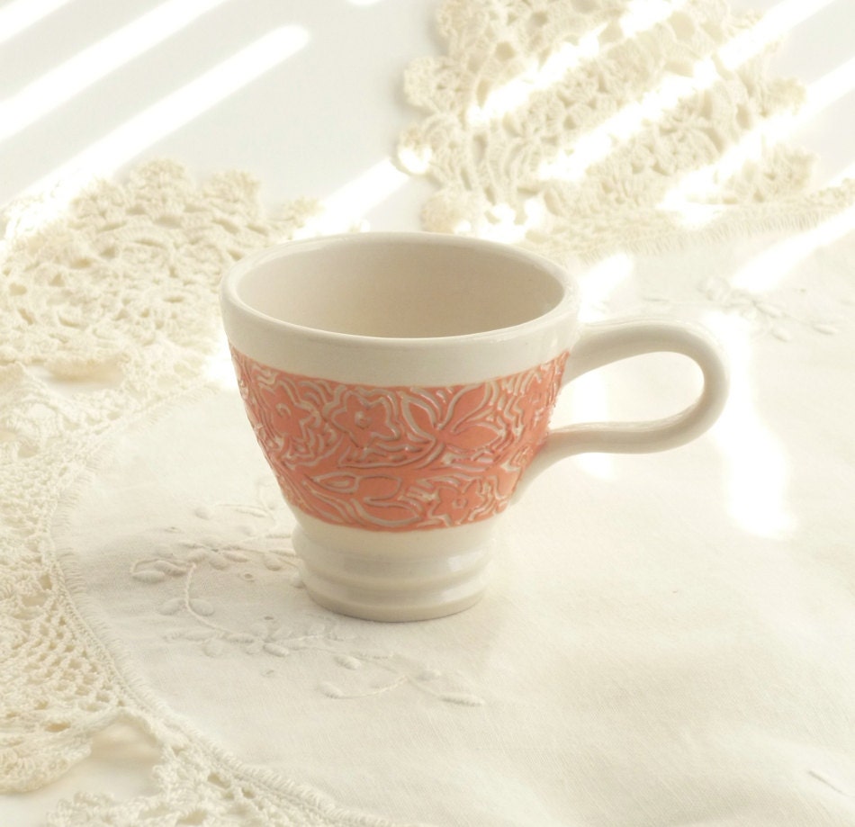 Porcelain Tea Cup, Coral and White