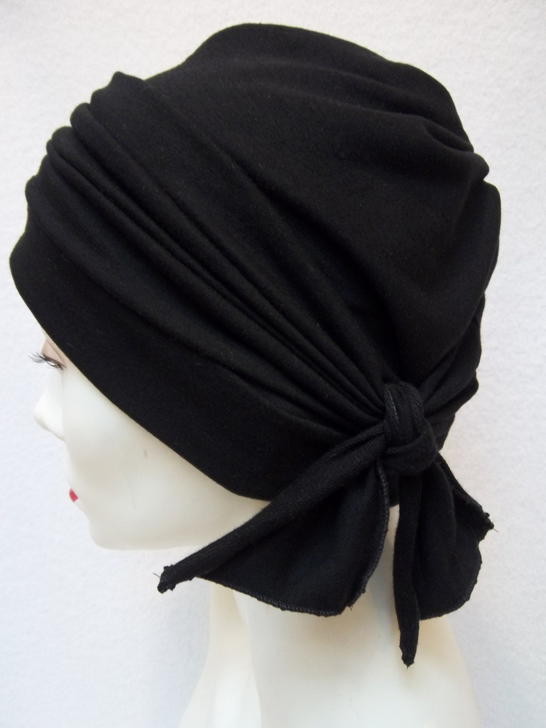 Slouch Hat Summer Black Rayon Jersey Light Chemo Cap w Head Band Nurse Scrub Cap