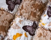 Flannel 100% Brown/Yellow Paisley & Butterflies Cotton Reversible Lap or Baby Rag Quilt, Photo Prop, Gift 36x36 inches
