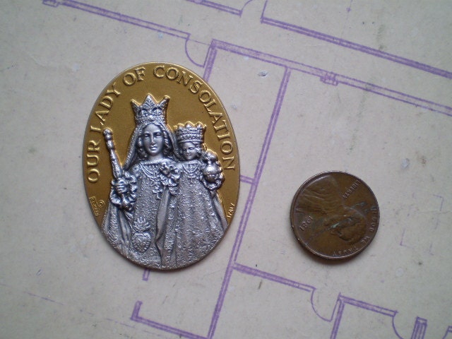 Virgin Mary and Baby Jesus - Vintage Oval Metal Stamping - Made in Italy - Our Lady Of Consolation