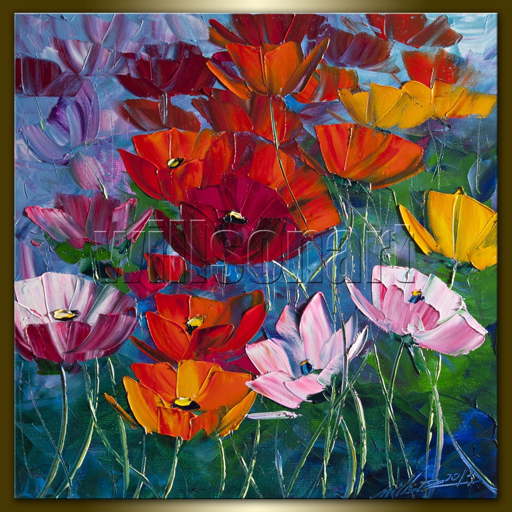Modern Flower Canvas Oil Painting Poppy Red Poppies Textured Palette Knife Original Floral Art 16X16 by Willson Lau