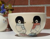 penguins and yarn bowl - ceramic dessert bowl - snack bowl - ice cream bowl
