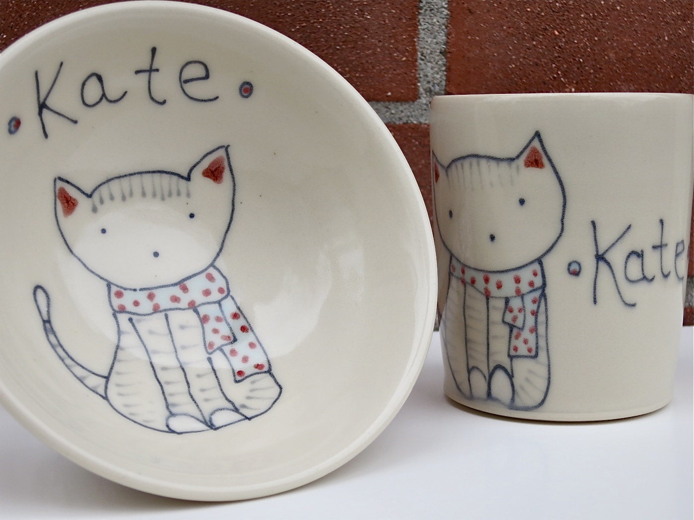 Personalized Baby Gift - Cat and Scarf - Small Bowl and Juice Cup- Handmade Baby Gift Set