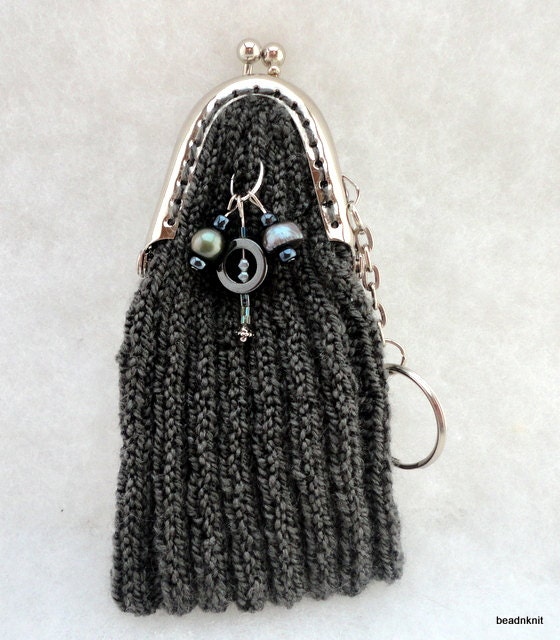 Charcoal Grey Bead Accent Key ring Coin Purse