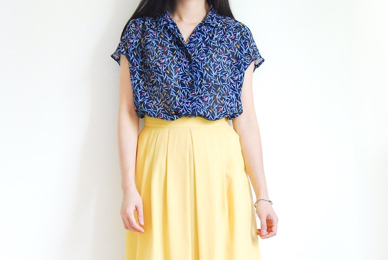 Vintage Navy Colorful Willow Leaf Print Button Up Blouse