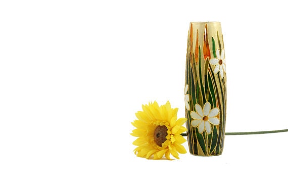Bud Vase Daisy Hand  Painted glass vase botanical design white daisy freen home decor gold Decorative Glass Art