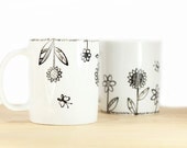 Hand Painted Ceramic Mugs White Porcelain Coffee Mugs Tea Mugs Black Minimalist Abstract Modern Flower Kitchen Decor - Set of 2 Ceramic Mugs