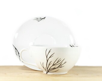 Hand Painted Porcelain Cappuccino Cup and Saucer Hand Painted Cup White Ceramic Black botanical design Modern Minimalist Kitchen Decor