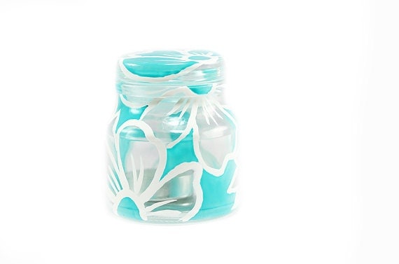 Hand Painted Glass Jar Candle Holder Lace white turquoise kitchen decor home decor Decorative Glass Art