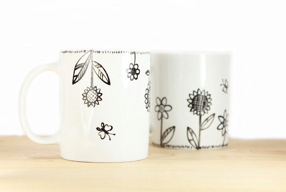 Hand Painted Ceramic Mugs White Porcelain Coffee Mugs Tea Mugs Black Minimalist Abstract Modern Flower Kitchen Decor - Set of 2 Ceramic Mugs