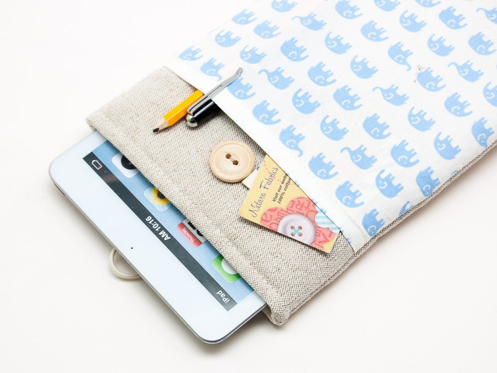 Ipad mini Case. Ipad mini bag. Apple Ipad mini sleeve. Ipad mini cover with elephants print pocket. Custom order available.
