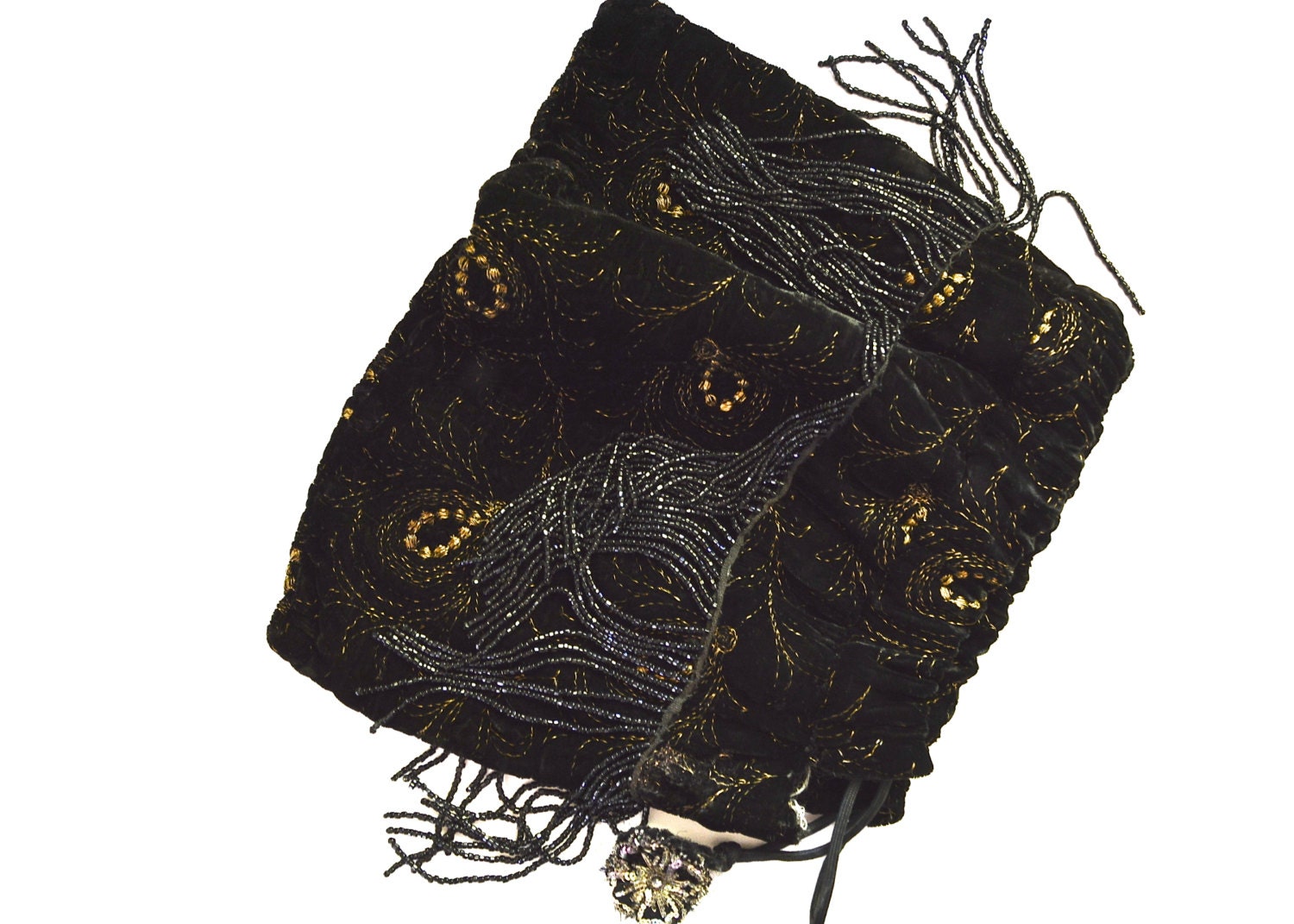 Beaded 1920s Bag/ Handmade Velvet, Lame/ Golden thread, beaded fringe