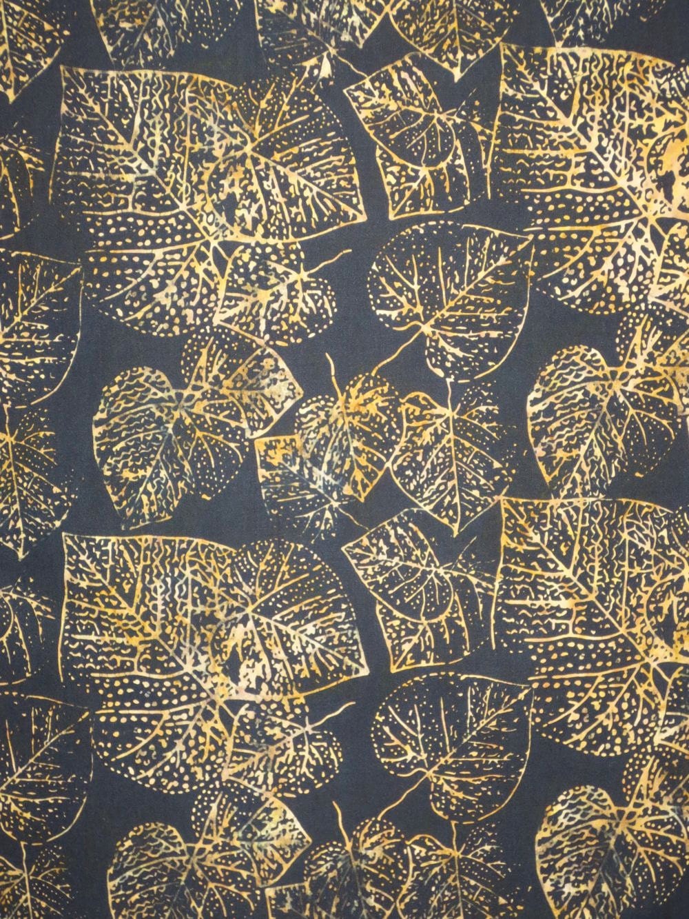 Mustard Brown on Black Allover Leaf Print Tonga Batik from Timeless Treasures--One Yard
