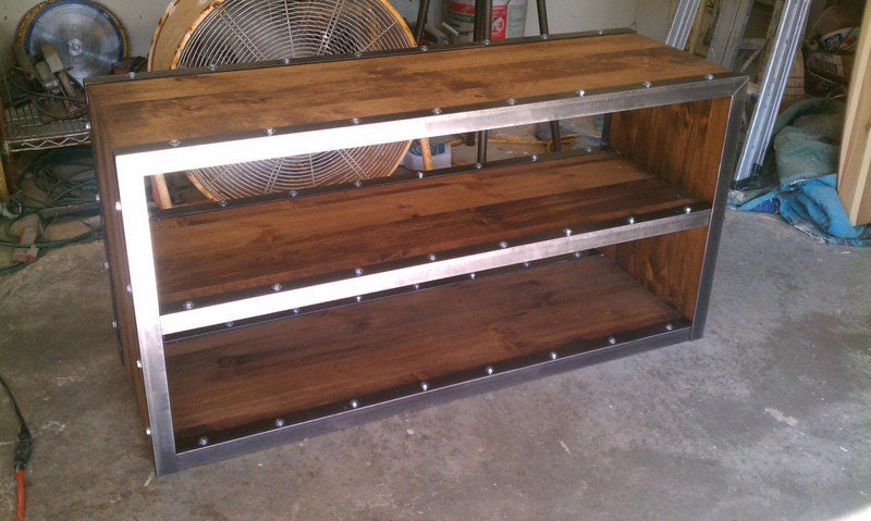 modern industrial wood and steel bookcase with steel hardware