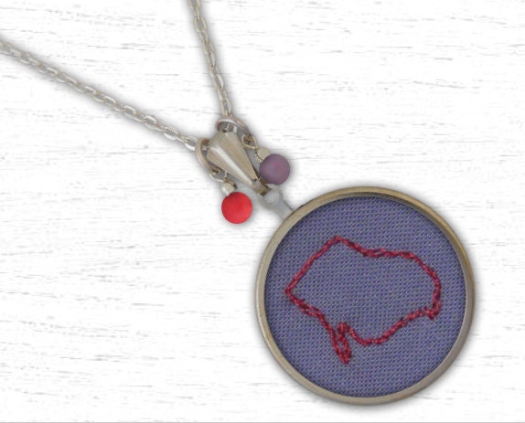 Hand Embroidered Necklace - Design your own Custom US State Outline Design Necklace Pendant With Chain - Pastel Cotton Colors