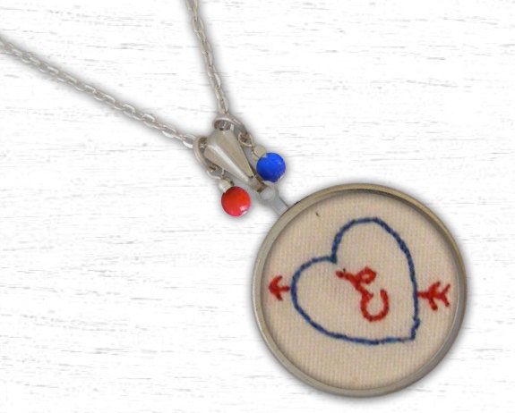 Hand Embroidered Necklace - Design your own Custom Heart & Arrow Valentines Design Necklace Pendant With Chain - Kona Cotton Colors