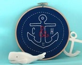 Embroidery Wedding Hoop - Custom Designed Hand Embroidered Nautical Inspired Wedding 5 Inch Hoop Wall Art