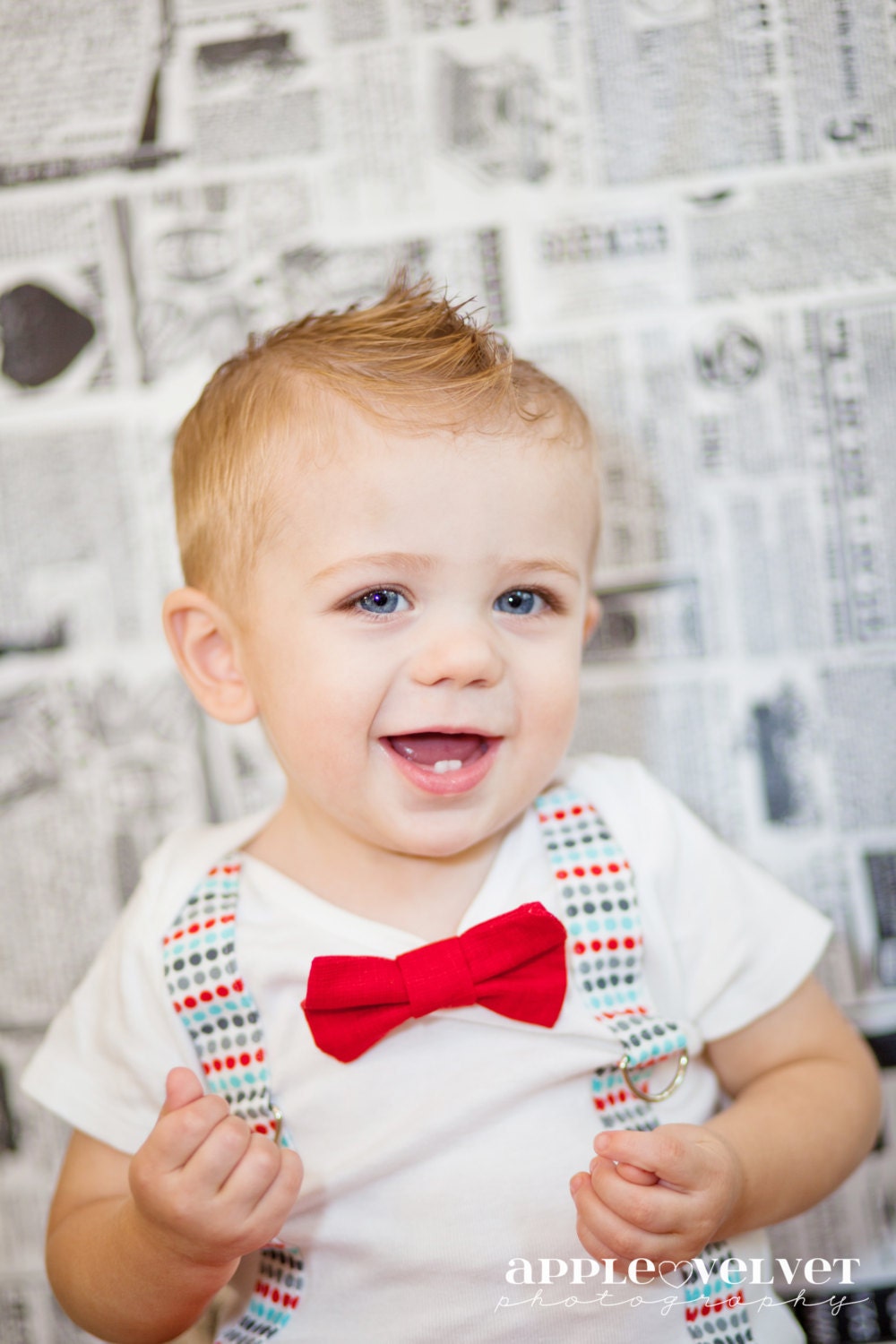 Little Man Onesie with  Suspenders and Bowtie, Polka Dots, Ann Kelle