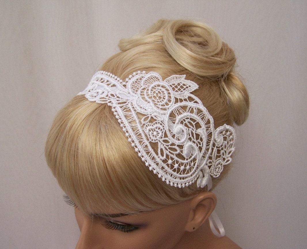 Anemone lace headband white with smaller ribbon ties