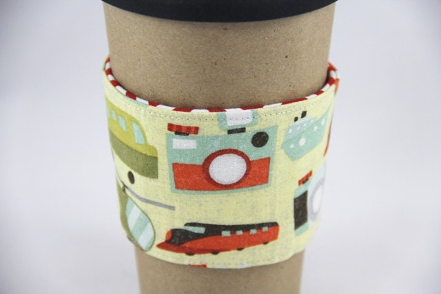 Reversible Coffee Cup Sleeve - Travel and Red Chevron - Ready to Ship