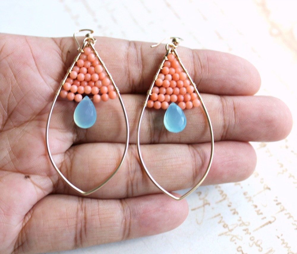 Peach Aqua Hoop Earrings, Peach Coral Earrings, Aqua Chalcedony Hoops, Gold Filled Marquise Hoops,