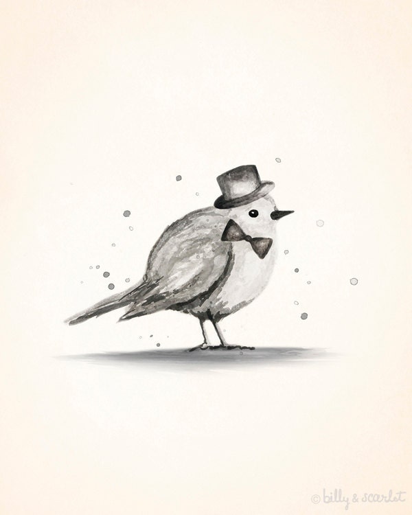Suit up Birdy 8x10 Print - Neutral, Black, Brown and Grey Colours, Watercolour and Ink illustration - Bird with Hat and Bowtie