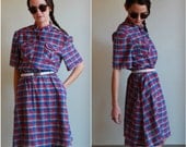 Vintage 70s Plaid Dress  /  Country Western  Cowgirl Mini Shirtwaist Dress  /  1970s Red Blue  /  Medium M Large L