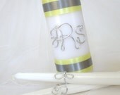 Wire Monogram Unity Candle Set, Initial Letters Yellow & Grey Ribbon shown, Personalized