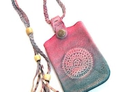 Cell Phone Pouch Leather Embossed Pink Purple or Yellow Blue Multi Wearable with Tassel
