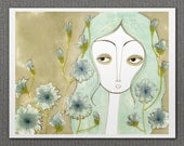 Chicory Girl No.1 8x10 / Illustration Print, Botanical, Flowers, Giclee Reproduction, Digital Print, Girl Portrait, Cornflower Blue, Mint