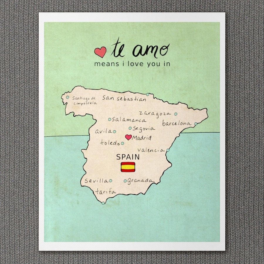 Spanish Country Map Children Room Decor Wall Art Poster - I Love You in Spain - 8 x 10 Home Decor European Travel Art Print