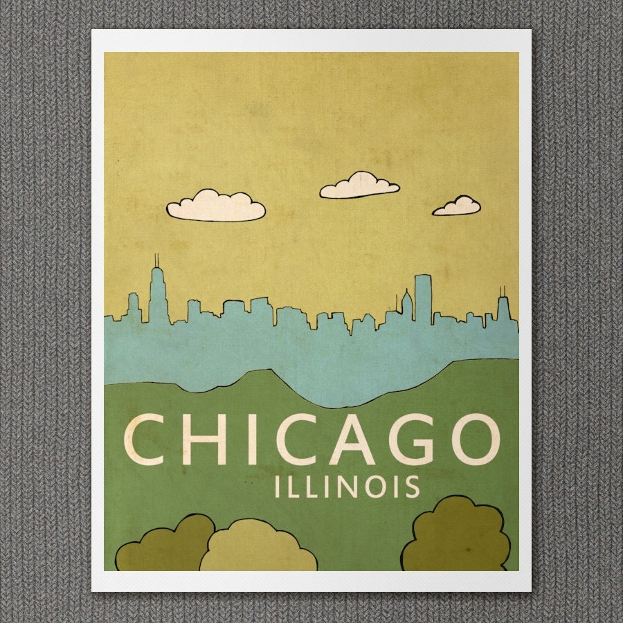 Home Decor Wall Art Print -Chicago No.1 - 8x10 Children Decor Nursery Art Travel City Skyline Illustration and Typography