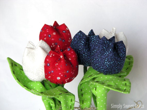 Fabric Flower Bouquet- Fabric Tulips- White, Blue and Red Tulips- Flower Arrangement- Fabric flower Centerpiece.