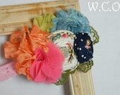 the DAPHNE Fabric Rosette and Chiffon Flower Headband or Hair Clip in Spring Colors