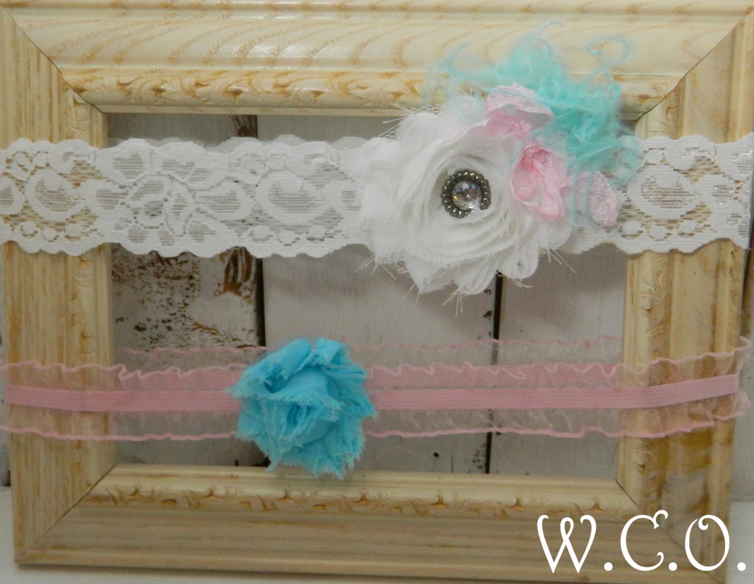 Breakfast at Tiffany's Bridal Garter set With Coordinating Toss Garter White Stretch Lace and Shabby Chiffon Flower
