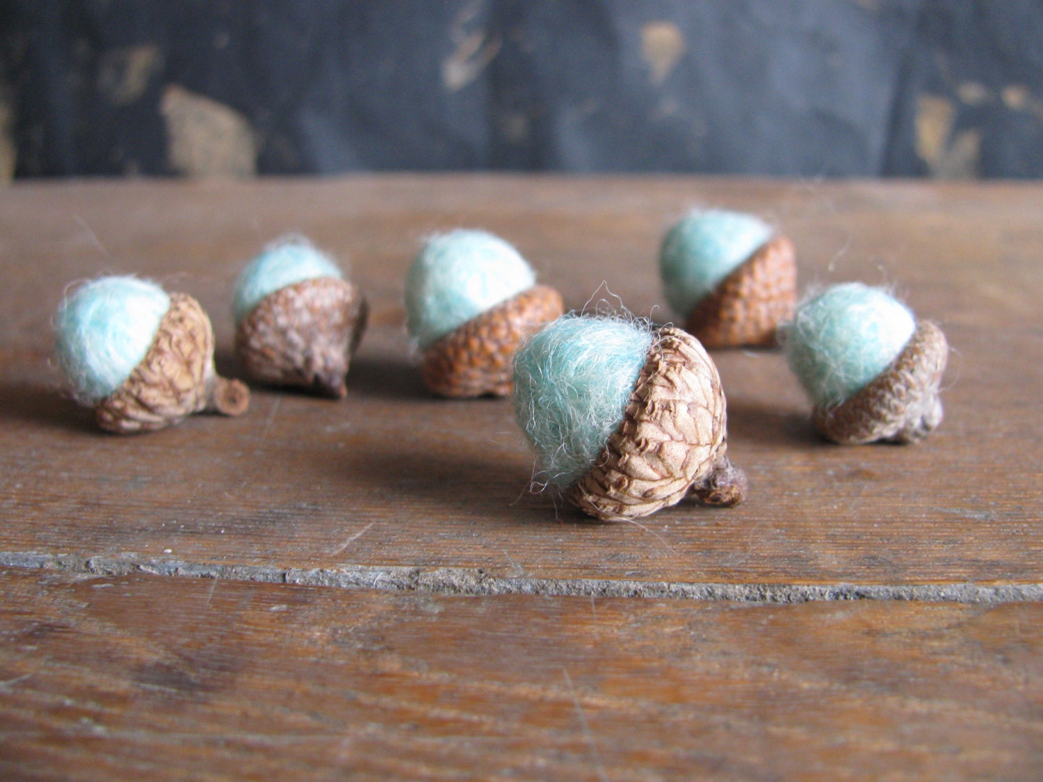 Felted wool acorns, set of 6, pastel aqua