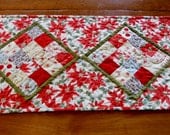 Christmas Table Runner Poinsettia Patchwork Extra Long Red Ivory Green Blue