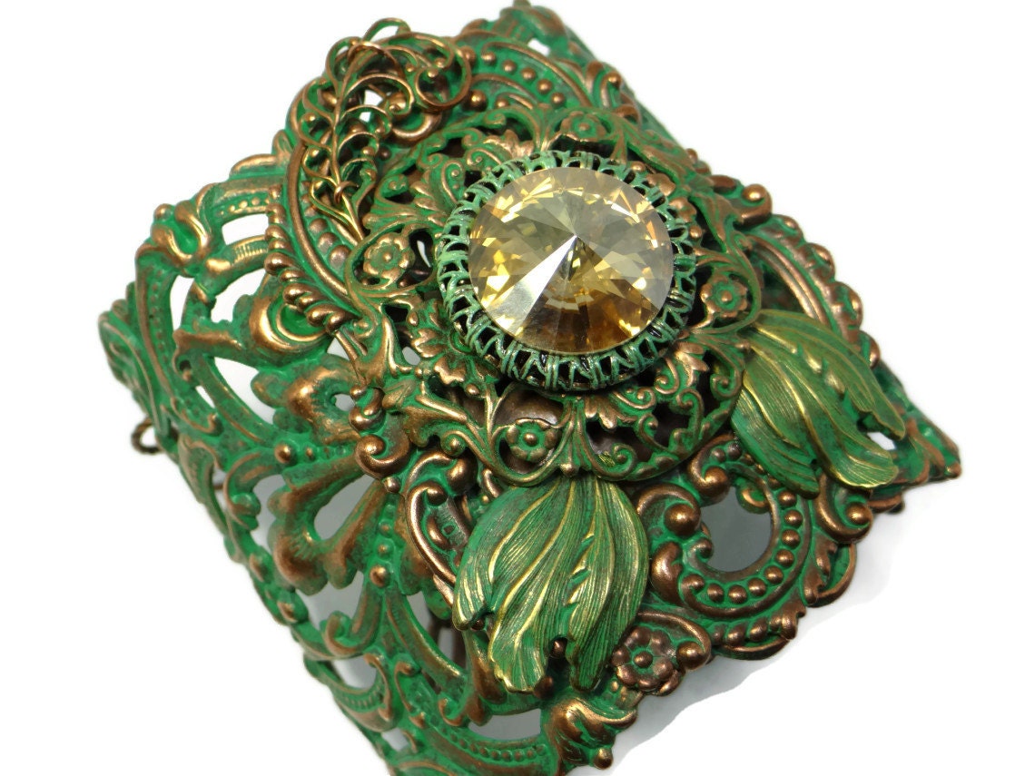 Verde Fleur de Cuivre Verdigris Over Rose Gold Brass Garden Goddess Bracelet Cuff by Dr Brassy Steampunk